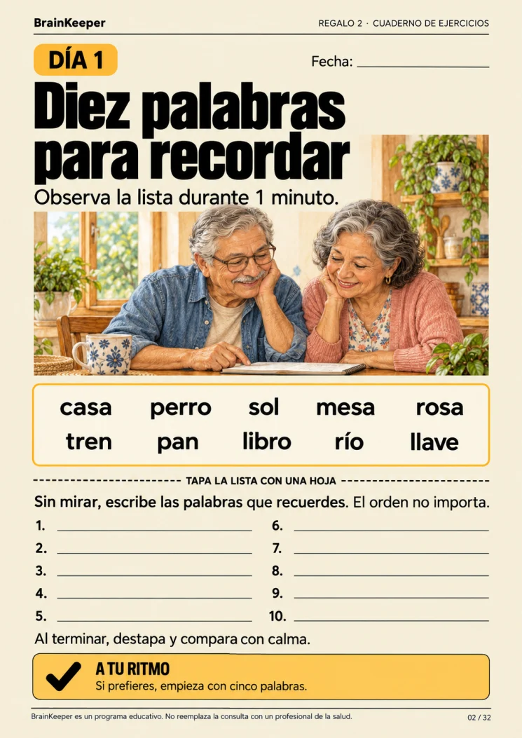Muestra del ejercicio Diez palabras para recordar. Las instrucciones aparecen también en el texto de al lado.